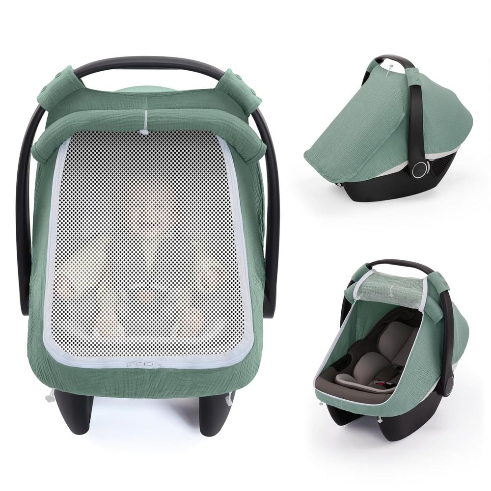 Infant Car Seat Cover - ベビーカーシートカバー、特大メッシュウィンドウ、通気性のあるモスリンコットン、幼児用防風、必須のベビーギフト - グリーン
